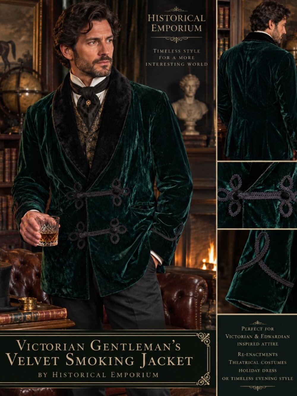 Historical Emporium Victorian Green Velvet Smoking Jacket Mens 2X 3X Halloween